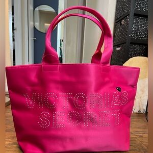 Victoria’s Secret Hot Pink Rhinestone Bling Logo Weekender Purse Travel Tote Bag
